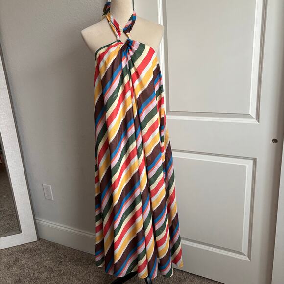 Ganni Rainbow Stripe Light Chiffon Halter Coverup Maxi Dress Georgette 6 - Picture 2 of 13